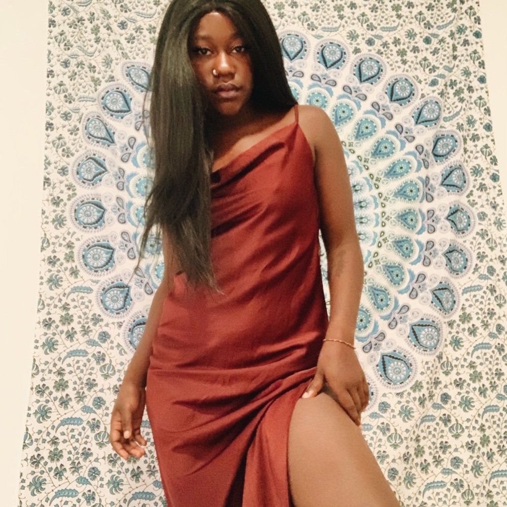 Merlot satin cowl slip dress